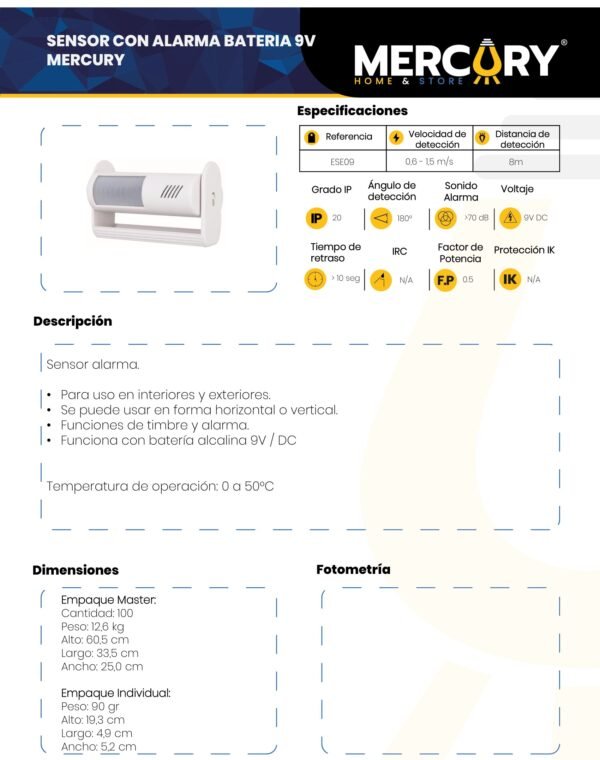 Ficha técnica Sensor con Alarma Batería 9V — Mercury
