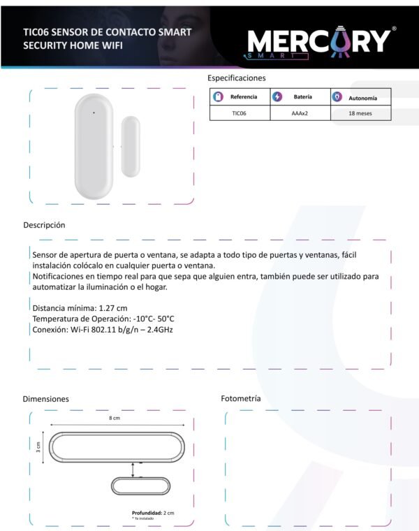 Ficha técnica Sensor de Contacto Smart Security Home WIFI — Mercury