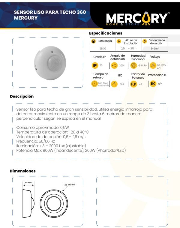 Ficha técnica Sensor Liso para Techo 360 — Mercury