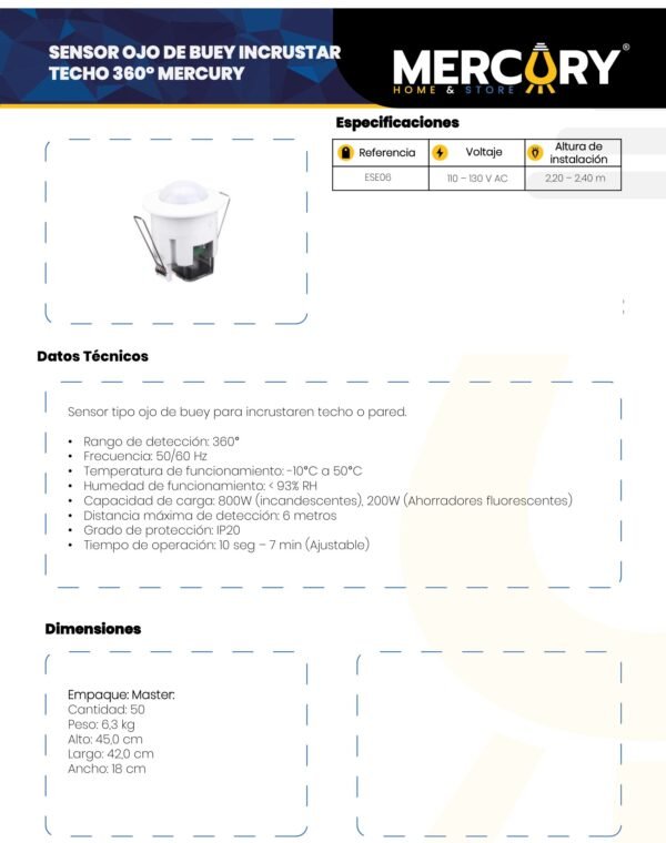 Ficha técnica Sensor Ojo de Buey Incrustar Techo 360 — Mercury