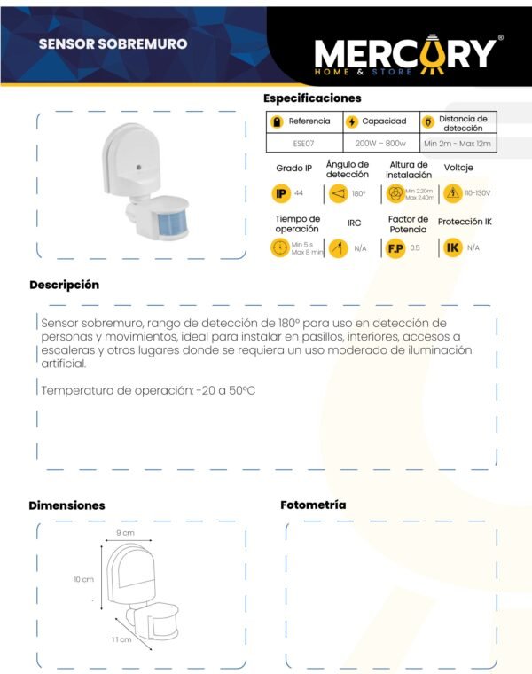Ficha técnica Sensor Sobremuro 180 Grados — Mercury