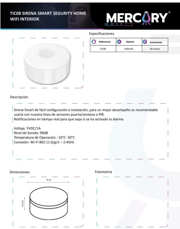 Ficha técnica Sirena Smart Segurity Home WIFI Interior — Mercury