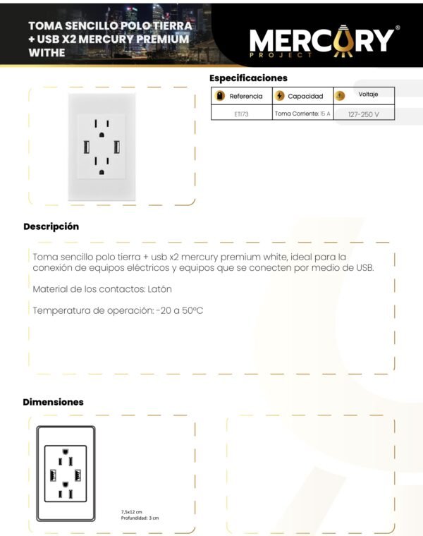 Ficha técnica Toma Doble + 2 USB — Premium White — Mercury