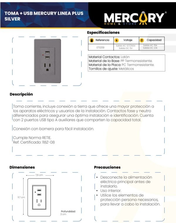 Ficha técnica Toma Doble + USB — Plus Sylver — Mercury
