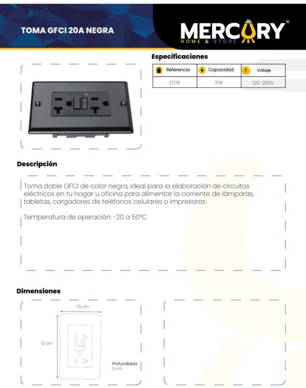 Ficha técnica Toma GFCI 20A Negra — Mercury