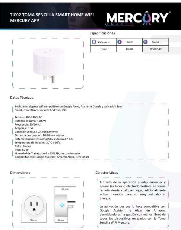 Ficha técnica Toma Sencilla Smart Home WIFI Mercury App — Mercury