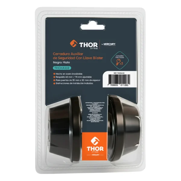 Cerradura auxiliar de seguridad llave/llave negro mate, marca Thor en blíster, ref. THCHA112 Cerradura auxiliar de seguridad llave/llave negro mate, marca Thor en blíster, ref. THCHA112