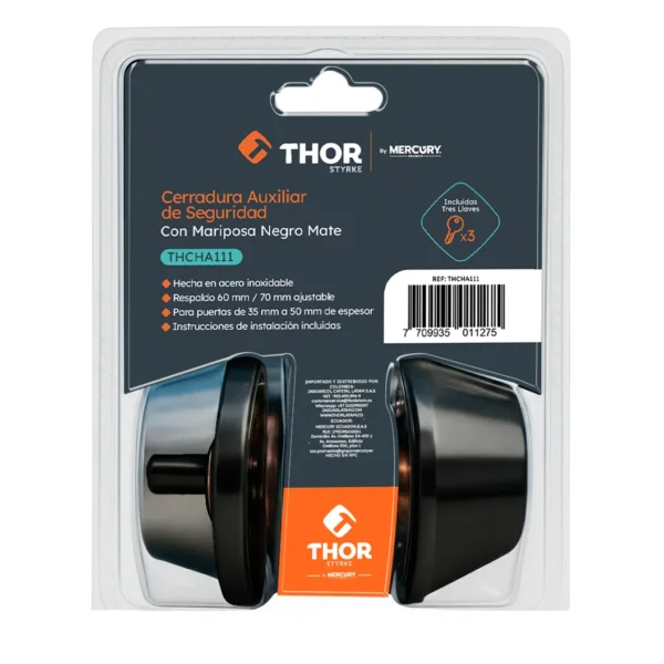 Cerradura auxiliar de seguridad negro mate con mariposa y llave, marca Thor en blíster, ref. THCHA111