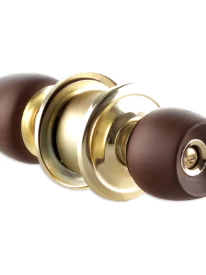 Cerradura de alcoba cilíndrica con pomos de madera oscura y rosetas bronce, marca Thor, ref. THCHA117