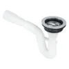 Conjunto canastilla para lavaplatos con sifón flexible blanco Valqua VQAC002, vista del sifón Conjunto canastilla para lavaplatos con sifón flexible blanco Valqua VQAC002, vista del sifón