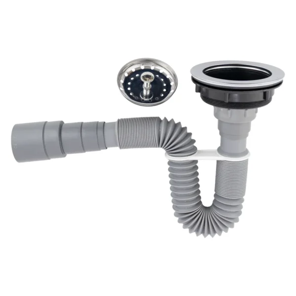 Conjunto canastilla para lavaplatos con sifón flexible gris Valqua VQAC003, con cesta suelta Conjunto canastilla para lavaplatos con sifón flexible gris Valqua VQAC003, con cesta suelta