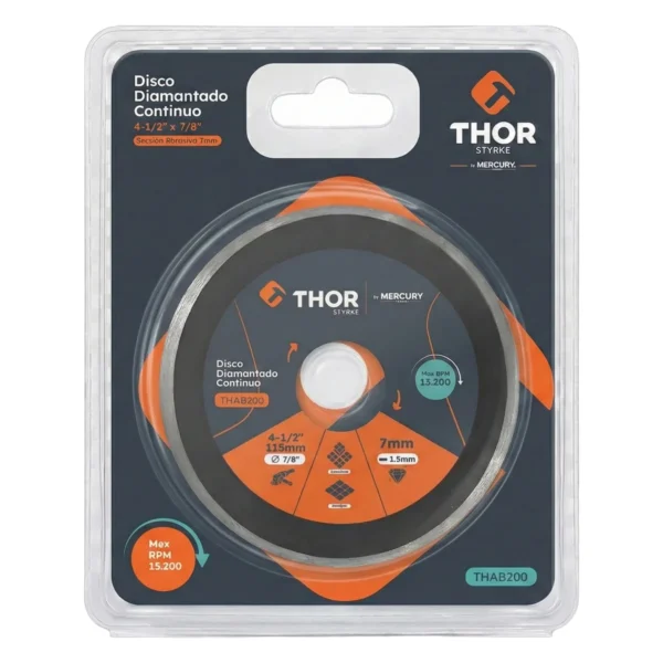 Disco diamantado continuo 4-1/2" × 7/8" Thor THAB200 (en su empaque)