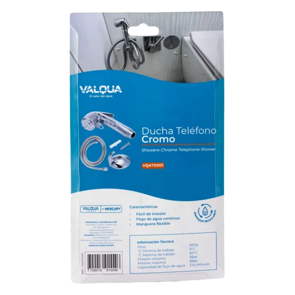 Ducha teléfono cromo con manguera de 1,5 m Valqua VQATD001 (reverso del empaque)