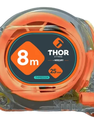 Flexómetro transparente con etiqueta naranja de 8 m x 25 mm, marca Thor, ref. THMED104