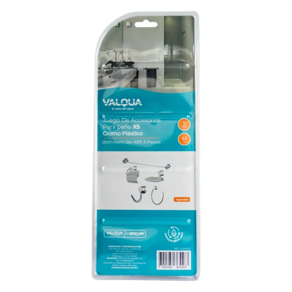 Juego de 5 accesorios de baño cromados en ABS Valqua VQAA001 (reverso del empaque)