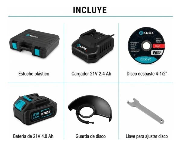 Esmeriladora angular inalámbrica 4-1/2" 21 V con batería · Knox · qué incluye · Moressco