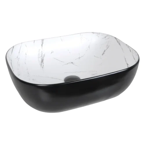 Lavamanos de sobreponer rectangular negro brillante marmolizado en cerámica vitrificada Valqua High VQAHLVS010