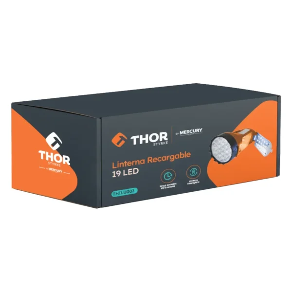 Linterna recargable naranja de 19 LED con panel lateral, marca Thor en su empaque, ref. THILU003
