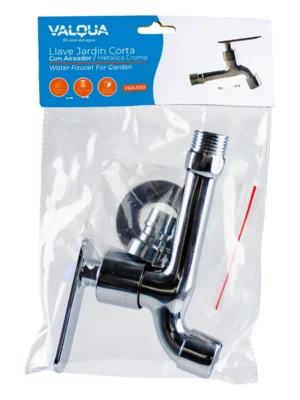 Llave de jardín corta con aireador cromo ½" Valqua VQAJ002 en su bolsa transparente