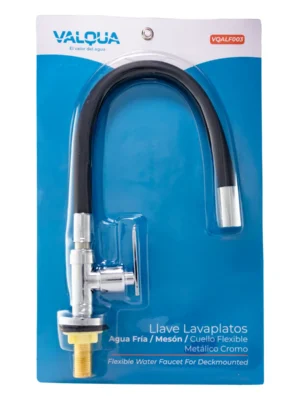 Llave de lavaplatos de mesón cuello flexible en goma Valqua VQALF003 en su blíster transparente