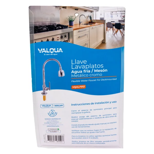 Llave de lavaplatos de mesón cuello flexible metálico cromo Valqua VQALF012 (reverso del empaque) Llave de lavaplatos de mesón cuello flexible metálico cromo Valqua VQALF012 (reverso del empaque)