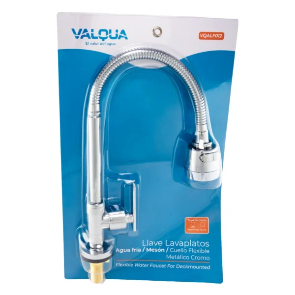 Llave de lavaplatos de mesón cuello flexible metálico Valqua VQALF012 en su blíster transparente Llave de lavaplatos de mesón cuello flexible metálico Valqua VQALF012 en su blíster transparente