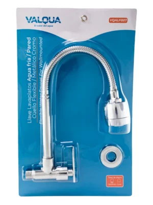 Llave de lavaplatos de pared cuello flexible cromo Valqua VQALF007 en su blíster transparente Llave de lavaplatos de pared cuello flexible cromo Valqua VQALF007 en su blíster transparente