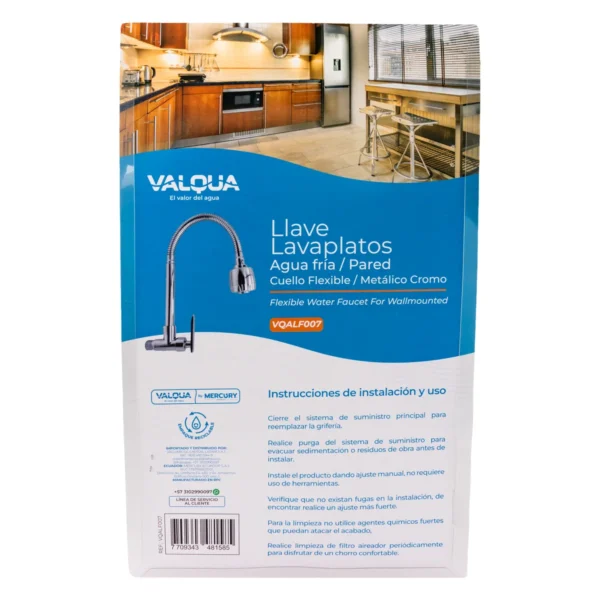 Llave de lavaplatos de pared cuello flexible cromo Valqua VQALF007 (reverso del empaque)