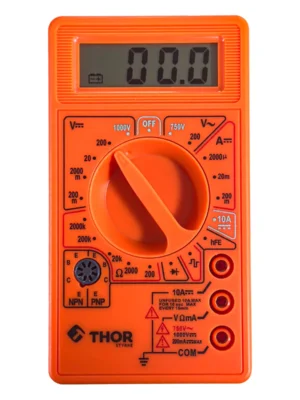 Multímetro digital naranja con pantalla y selector, marca Thor, ref. THMED109 Multímetro digital naranja con pantalla y selector, marca Thor, ref. THMED109