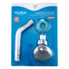 Regadera redonda de 3" plástica cromo con brazo corto y escudo Valqua VQAR016 en su blíster, frente