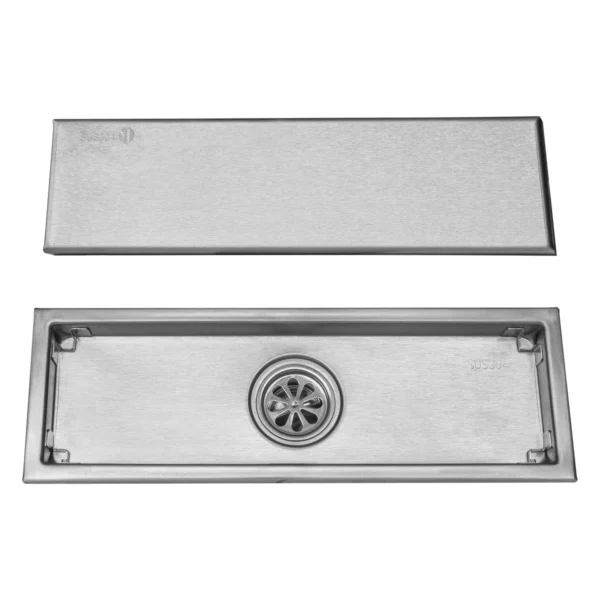 Rejilla de piso rectangular 10 × 30 cm Sovrano SVR1096 en níquel texturizado, tapa y base con desagüe redondo Rejilla de piso rectangular 10 × 30 cm Sovrano SVR1096 en níquel texturizado, tapa y base con desagüe redondo
