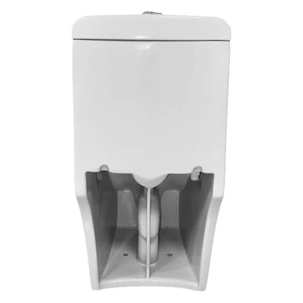 Sanitario one piece compacto Mekora con trampa oculta blanco Valqua High VQAHSA002, vista trasera de la base